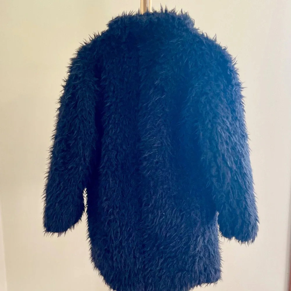 Art Class Kids Black Shaggy Faux Fur Notched‎ Lapel Mid Length Coat Size S 6/7